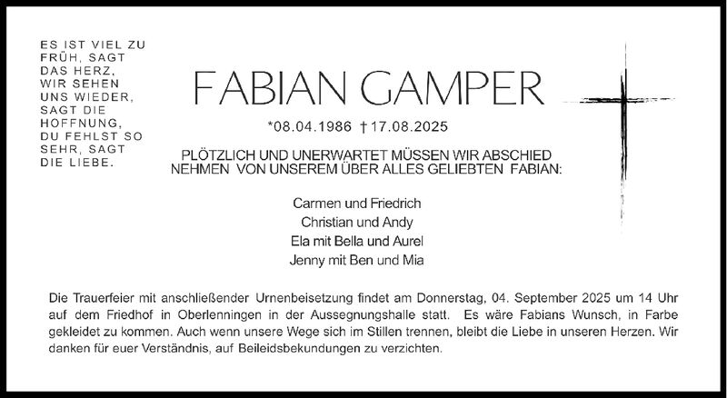Trauer Fabian Gamper