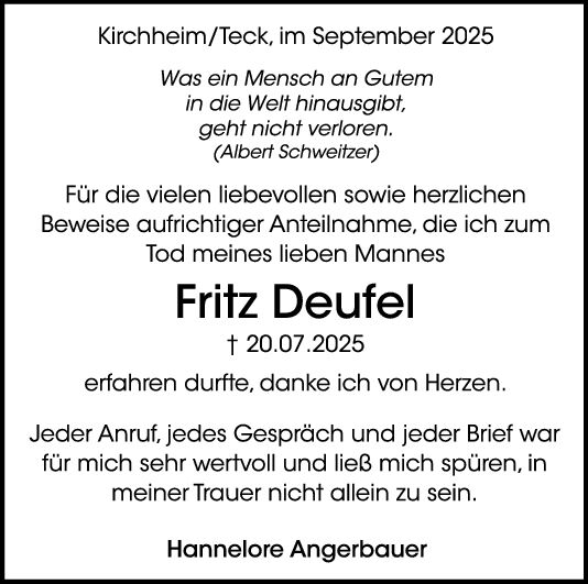 Danksagung Fritz Deufel