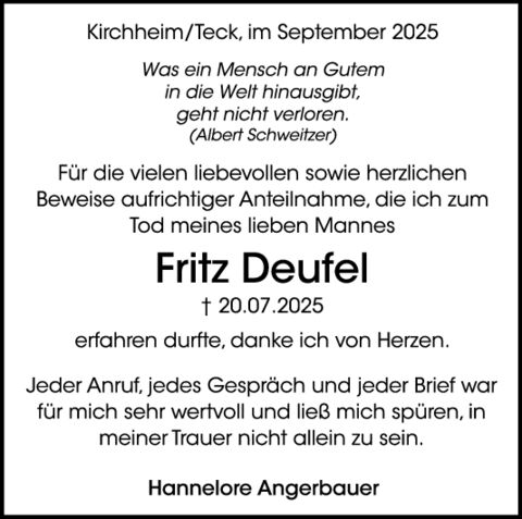 Danksagung Fritz Deufel