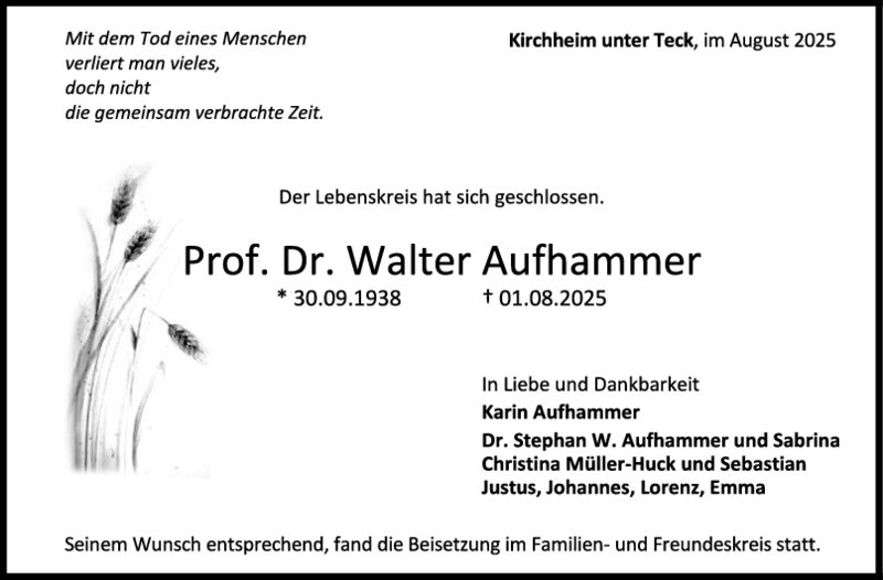 Trauer Prof. Dr. Walter Aufhammer