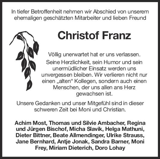 Nachruf Christof Franz ehem. MA