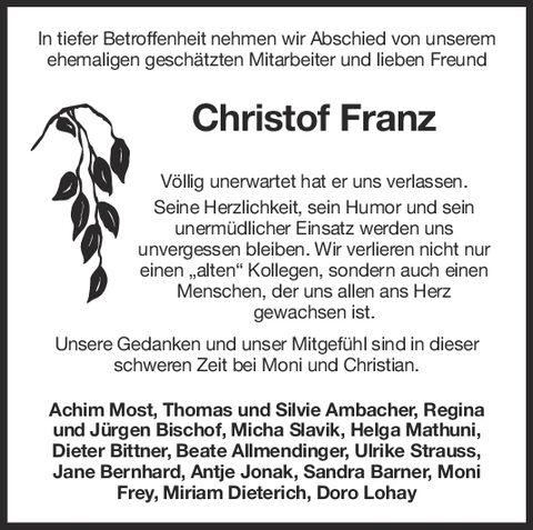 Nachruf Christof Franz ehem. MA