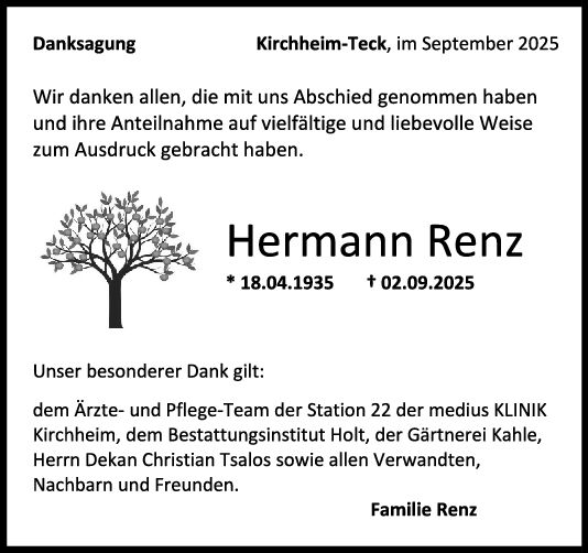 Danksagung Hermann Renz