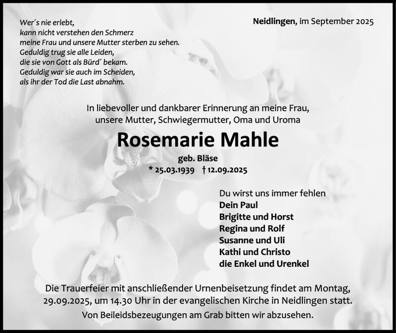 Trauer Rosemarie Mahle