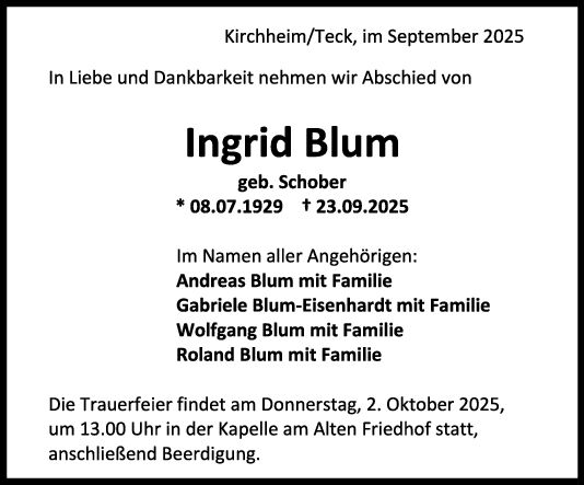 Trauer Ingrid Blum