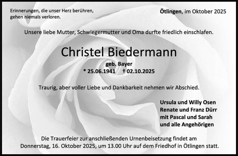 Trauer Christel Biedermann