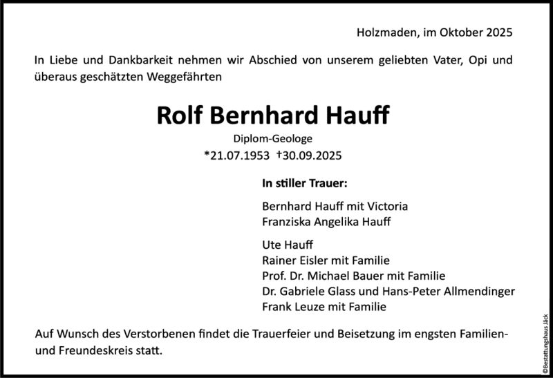 Trauer Rolf Bernhard Hauff