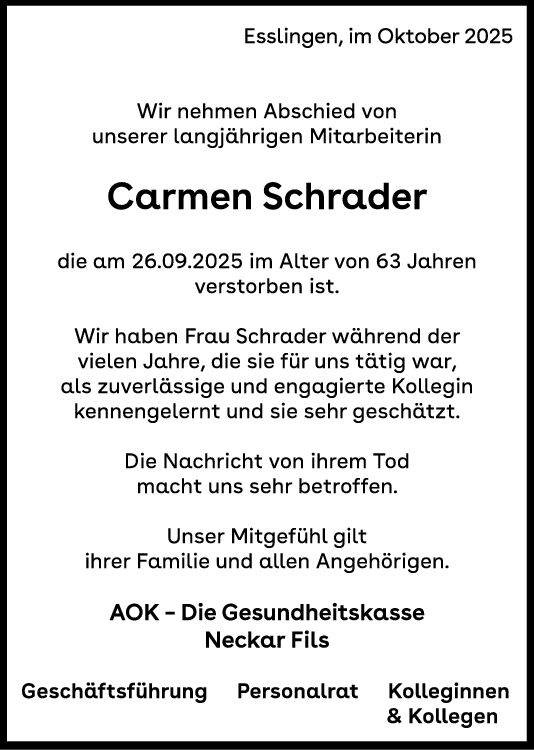 Nachruf Carmen Schrader