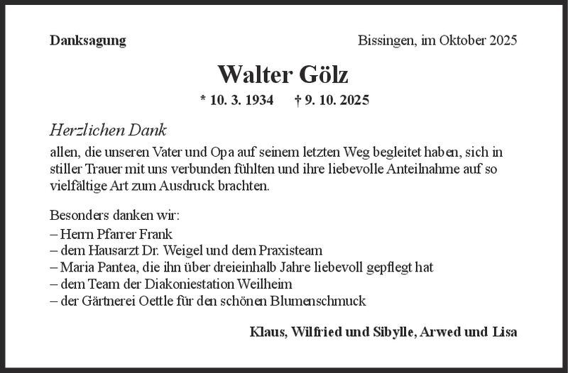 Danksagung Walter Gölz