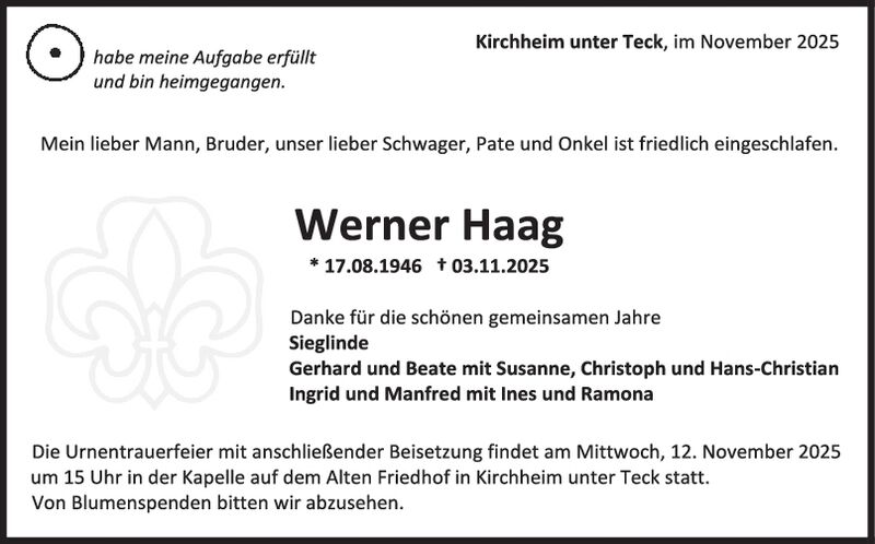 Trauer Werner Haag