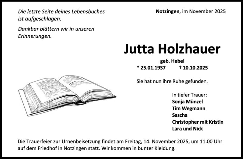 Trauer Jutta Holzhauer