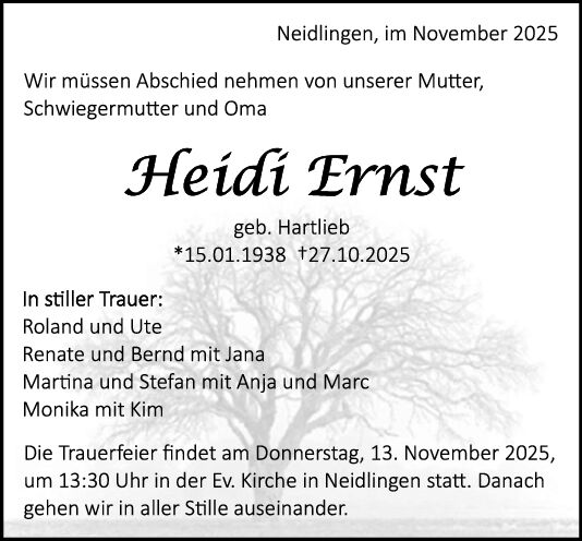 Traueranzeige Heidi Ernst
