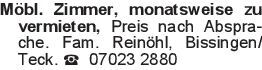 Möbl. Zimmer, monatsweise