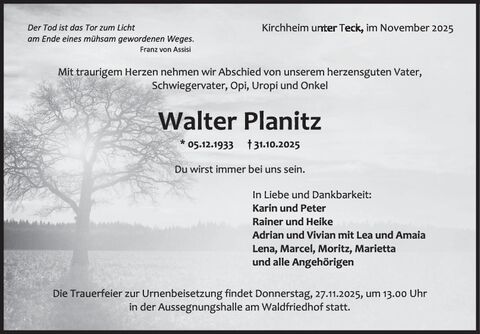 Trauer Walter Planitz