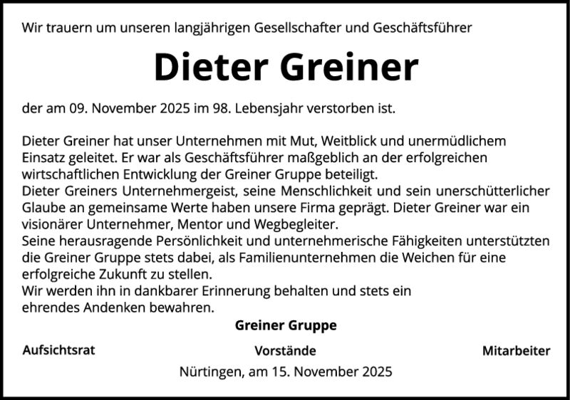 Nachruf Dieter Greiner