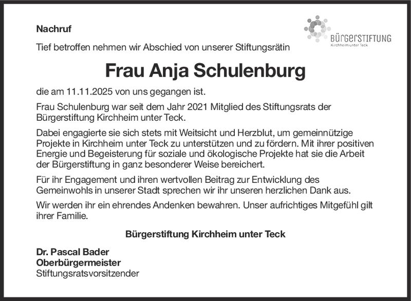 Nachruf Anja Schulenburg