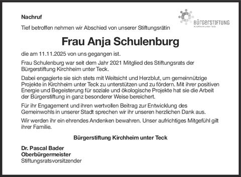 Nachruf Anja Schulenburg