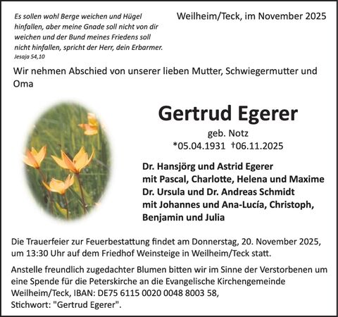 Trauer Gertrud Egerer