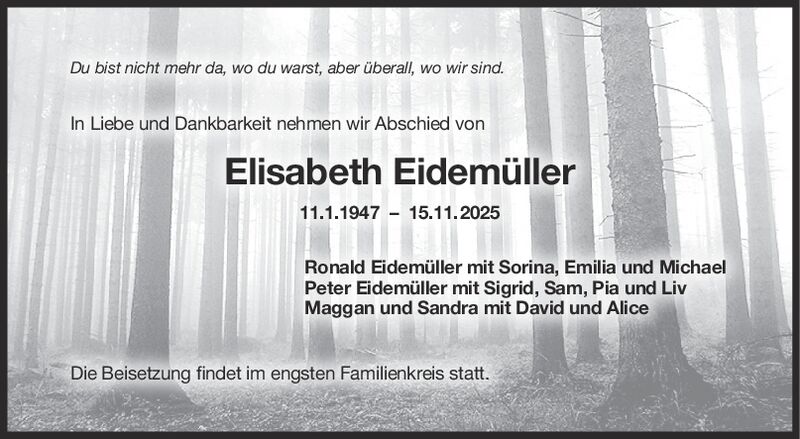 Todesanzeige Elisabeth Eidemüller