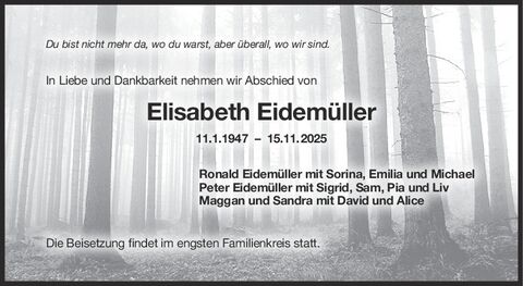Todesanzeige Elisabeth Eidemüller