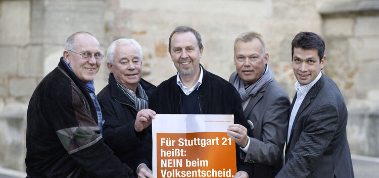 Stuttgart 21 - Plakat S 21S 21 Befrworter des Bahnprojekts mit Jimmy Zimmermann, Thilo Rose, Gnther Riemer, Hagen Zweifel, Alb