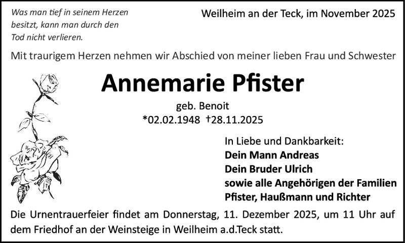 Trauer Annemarie Pfister