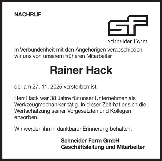 Nachruf Rainer Hack