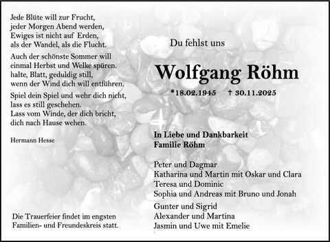 Trauer Wolfgang Röhm