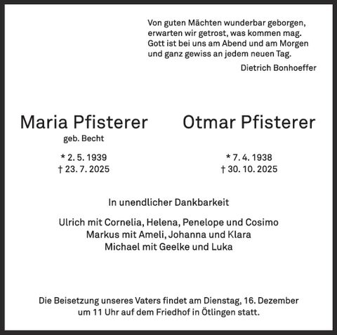 Trauer Maria & Otmar Pfisterer