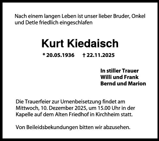 Trauer Kurt Kiedaisch