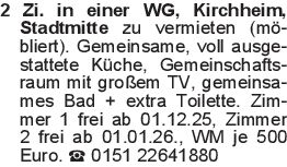 2 Zi. in einer WG, Kirchh