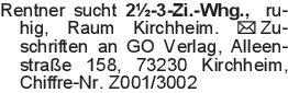 Rentner sucht 2½-3-Zi.-Wh