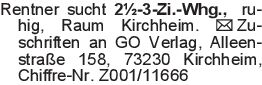 Rentner sucht 2½-3-Zi.-Wh
