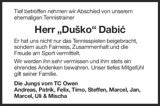 Nachruf Dusko Dabic