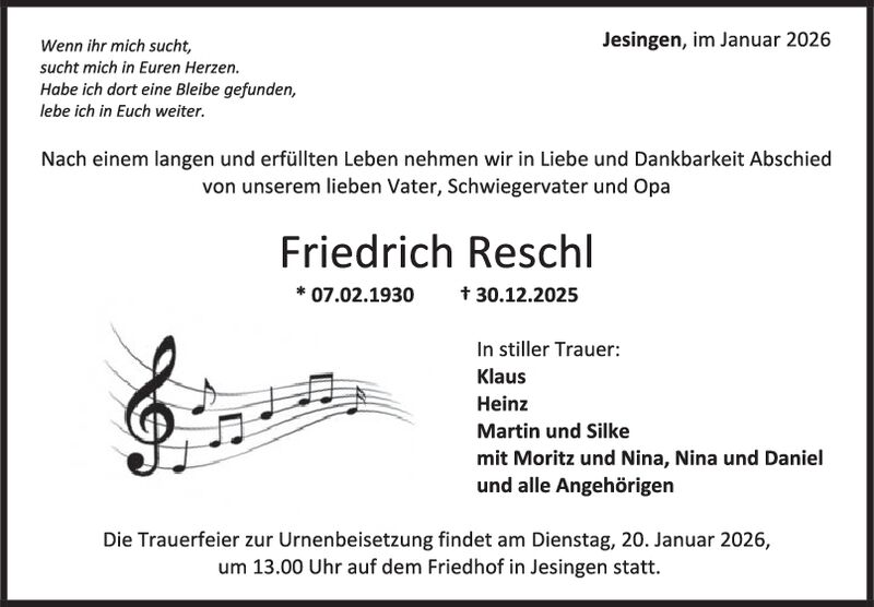 Trauer Friedrich Reschl