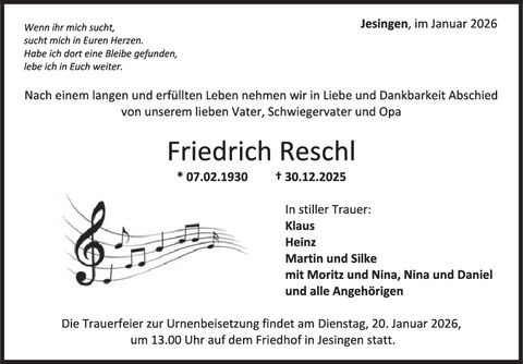 Trauer Friedrich Reschl