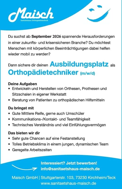 Ausbildungsplatz Orthopädietechniker
