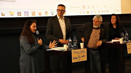 Klimadebatte im Kommunalen Kino Kirchheim mit (von links) Natalie Pfau-Weller (CDU), Andreas Schwarz (Grüne), Andreas Kenner (SP Klimadebatte im Kommunalen Kino Kirchheim mit (von links) Natalie Pfau-Weller (CDU), Andreas Schwarz (Grüne), Andreas Kenner (SP