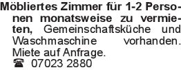 Möbliertes Zimmer für 1-2