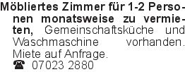 Möbliertes Zimmer für 1-2