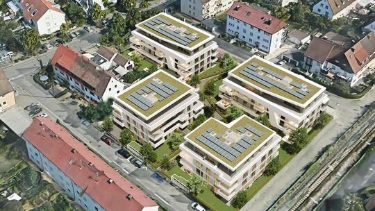 Die vier Häuser in der Wendlinger Stadtmitte sollen bis 2029 fertiggestellt werden. Foto: Neckar-Fils eG Die vier Häuser in der Wendlinger Stadtmitte sollen bis 2029 fertiggestellt werden. Foto: Neckar-Fils eG