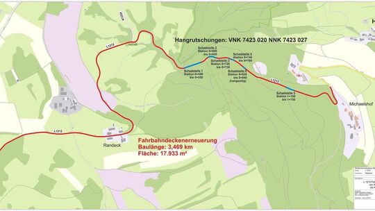 Die Baustellen sind blau gekennzeichnet, die rote Strecke ist der gesamte Abschnitt, der asphaltiert wird. Grafik: RP Stuttgart Die Baustellen sind blau gekennzeichnet, die rote Strecke ist der gesamte Abschnitt, der asphaltiert wird. Grafik: RP Stuttgart