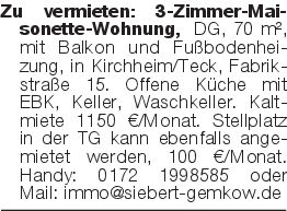 Zu vermieten: 3-Zimmer-Ma