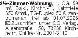 2½-Zimmer-Wohnung, 1. OG,