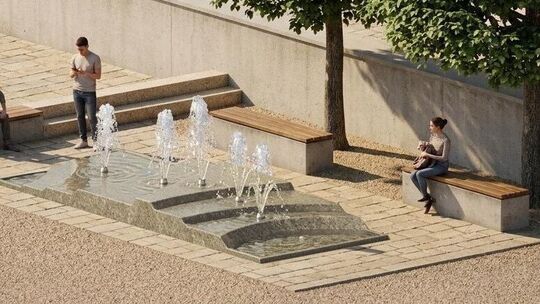 So könnte der neue Brunnen vor dem Rathaus aussehen. KI-Visualisierung: Schuler und Winz So könnte der neue Brunnen vor dem Rathaus aussehen. KI-Visualisierung: Schuler und Winz