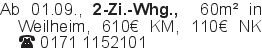 Ab 01.09., 2-Zi.-Whg., 60