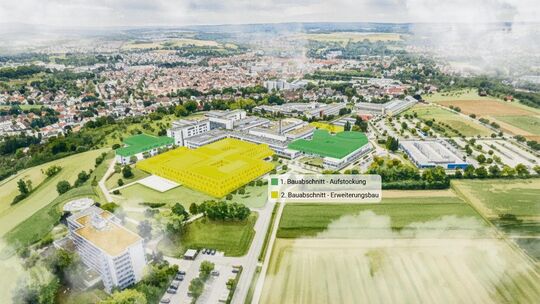 So sieht die Zukunft der Nürtinger Klinik auf dem Säer aus: Die farblich gekennzeichneten Bereiche sollen bis Sommer 2031 in zwe So sieht die Zukunft der Nürtinger Klinik auf dem Säer aus: Die farblich gekennzeichneten Bereiche sollen bis Sommer 2031 in zwe