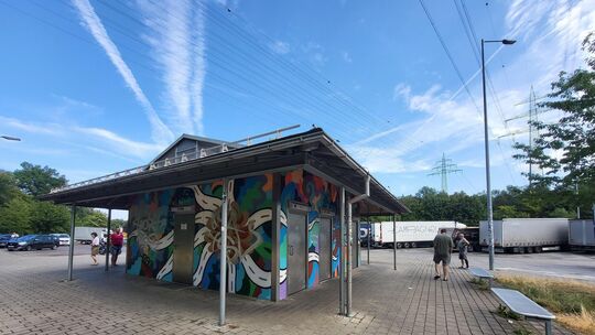 Der Rastplatz Im Rübholz an der A 8 Richtung München: Das Toilettenhäuschen fällt nicht nur durch überschmiertes Graffiti an der Der Rastplatz Im Rübholz an der A 8 Richtung München: Das Toilettenhäuschen fällt nicht nur durch überschmiertes Graffiti an der