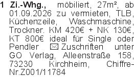 1 Zi.-Whg., möbiliert, 27