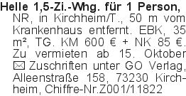 Helle 1,5-Zi.-Whg. für 1